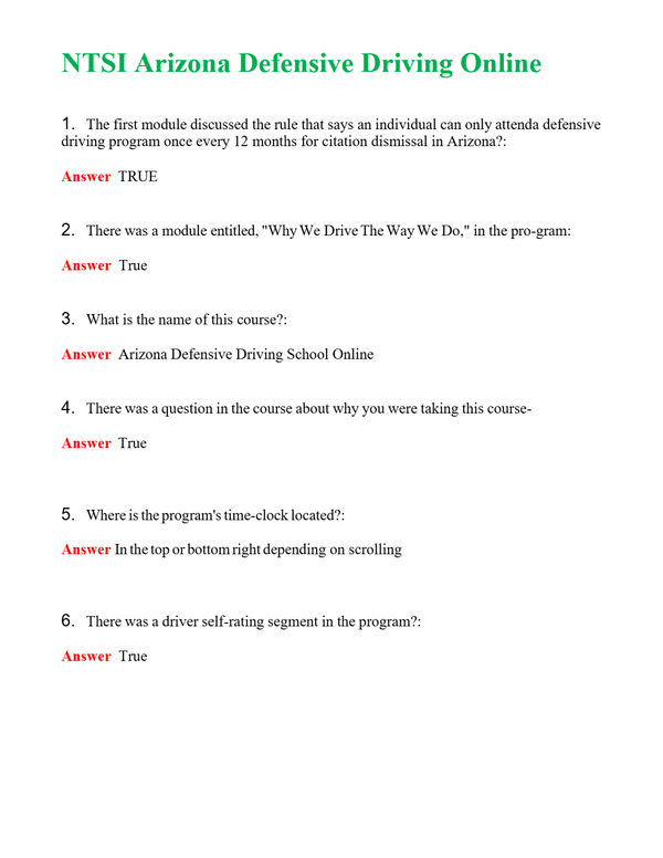 NTSI Arizona Defensive Driving Online | Actual Questions and Verified Answers ( Included ) 100% Correct