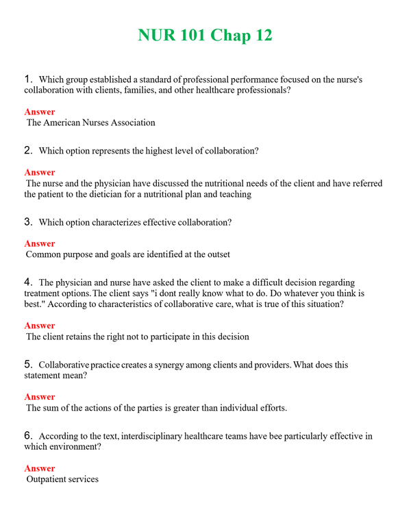NUR 101 CHAP 12 | COMPLETE ANSWERS 100% CORRECT