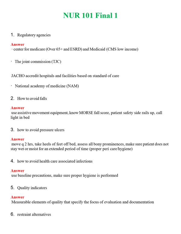 NUR 101 FINAL 1 | GRADED A+ QUESTIONS AND ANSWERS (SOLVED)