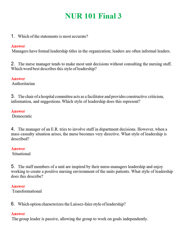 NUR 101 FINAL 3 | PASSED | A+ RATED GUIDE | NEW FULL EXAM