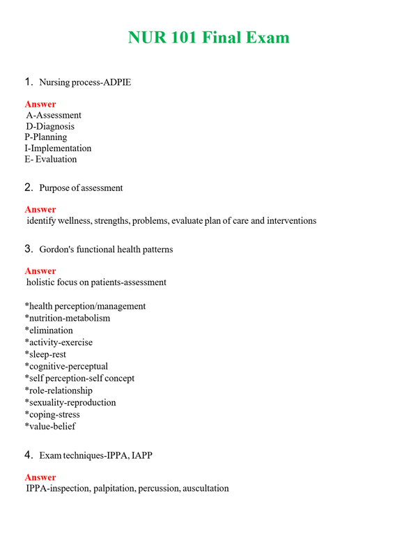 NUR 101 FINAL EXAM | A SOLVED 100% CORRECT