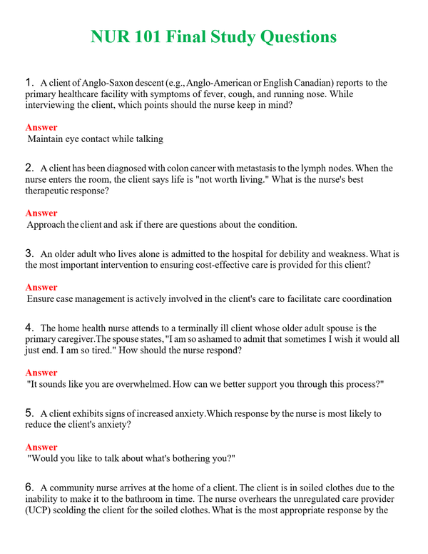 NUR 101 FINAL STUDY QUESTIONS | A+ RATED GUIDE | QUESTIONS AND ANSWERS (SOLVED)