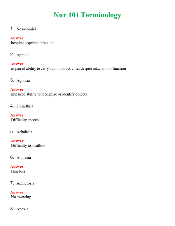 NUR 101 TERMINOLOGY | GRADED A+ QUESTIONS AND ANSWERS (SOLVED)