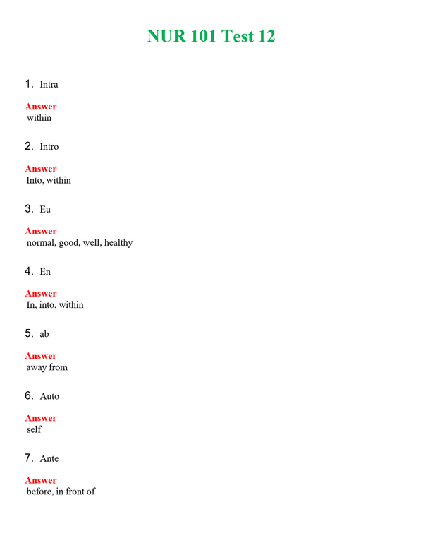 NUR 101 TEST 12 | QUESTIONS AND ANSWERS INCLUDED