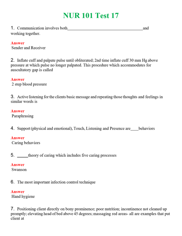 NUR 101 TEST 17 | COMPLETE ANSWERS 100% CORRECT