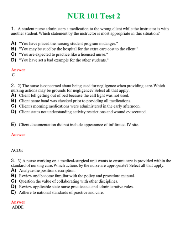 NUR 101 TEST 2 | NEW FULL QUESTIONS AND ANSWERS 100% CORRECT