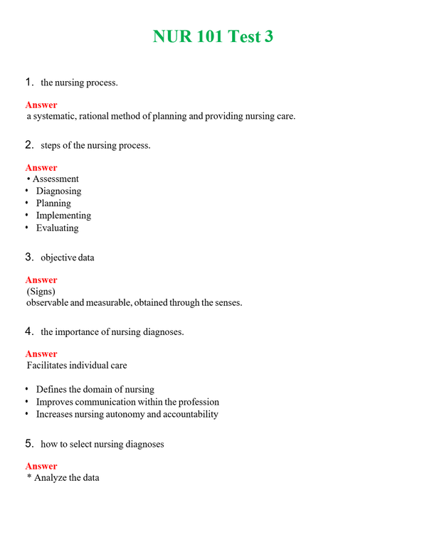 NUR 101 TEST 3 | COMPLETE ANSWERS 100% CORRECT