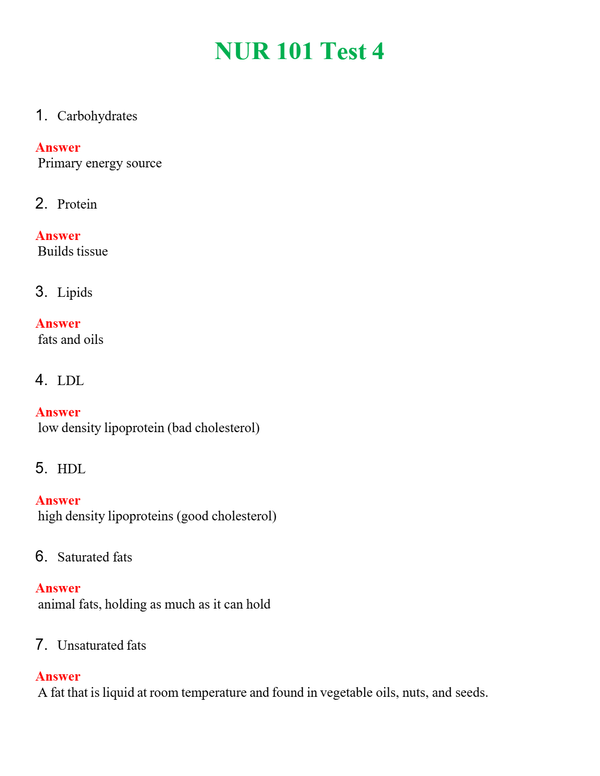 NUR 101 TEST 4 | ACTUAL QUESTIONS AND ANSWERS 100% CORRECT