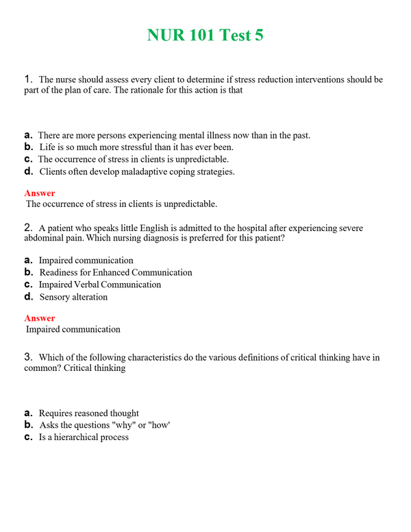 NUR 101 TEST 5 | ALL Q&AS BRAND NEW GUARANTEED A+++