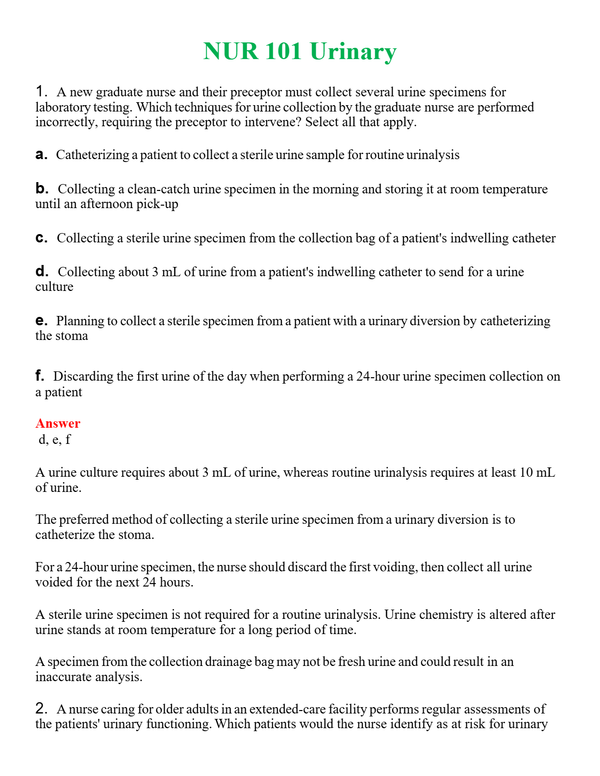 NUR 101 URINARY | COMPLETE QUESTIONS & ANSWERS (SOLVED) 100% CORRECT