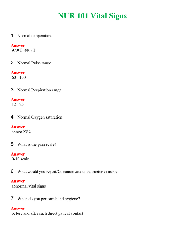 NUR 101 VITAL SIGNS | QUESTIONS AND ANSWERS INCLUDED