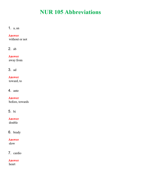 NUR 105 ABBREVIATIONS | GRADED A+ QUESTIONS & ANSWERS