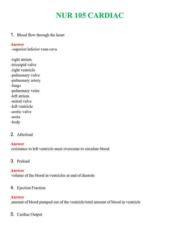 NUR 105 CARDIAC | COMPLETE ANSWERS 100% CORRECT