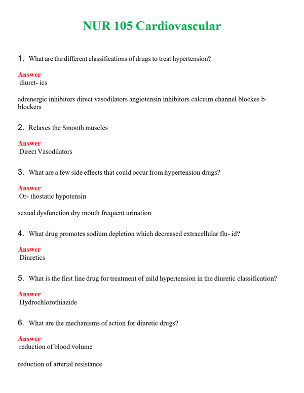 NUR 105 CARDIOVASCULAR | COMPLETE QUESTIONS & ANSWERS (SOLVED) 100% CORRECT