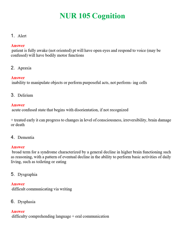 NUR 105 COGNITION | QUESTIONS AND ANSWERS INCLUDED
