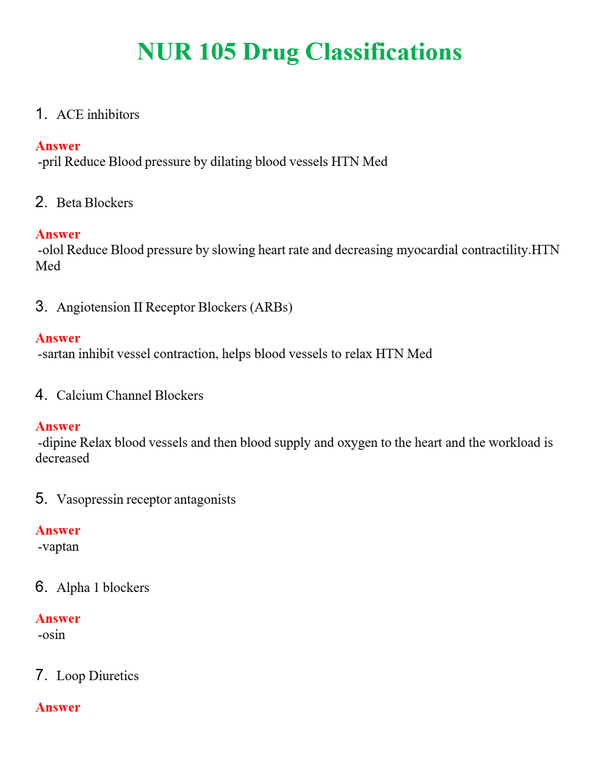 NUR 105 DRUG CLASSIFICATIONS | ACTUAL QUESTIONS AND ANSWERS 100% CORRECT