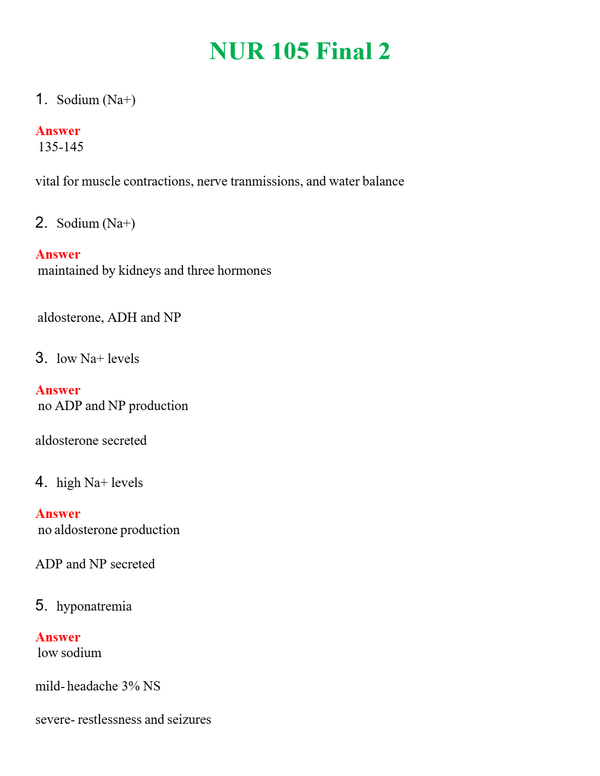 NUR 105 FINAL 2 | A SOLVED 100% CORRECT