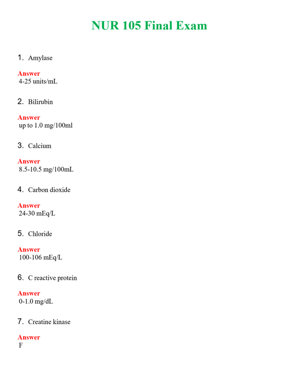 NUR 105 FINAL EXAM | LATEST QUESTIONS WITH COMPLETE GRADE A++ ANSWERS
