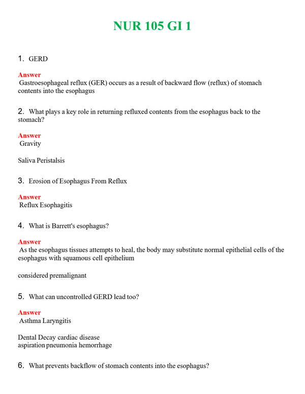 NUR 105 GI 1 | QUESTIONS & ANSWERS (SOLVED)
