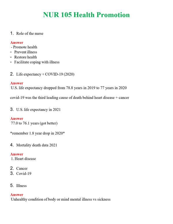 NUR 105 HEALTH PROMOTION | A+ RATED GUIDE | QUESTIONS AND ANSWERS (SOLVED)