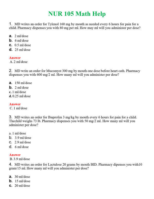 NUR 105 MATH HELP | GRADED A+ QUESTIONS & ANSWERS