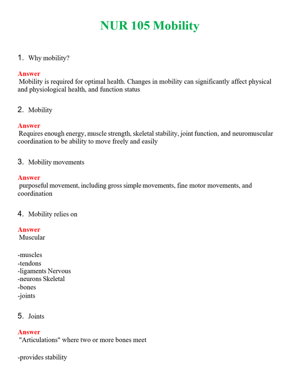 NUR 105 MOBILITY | NEW FULL QUESTIONS AND ANSWERS 100% CORRECT