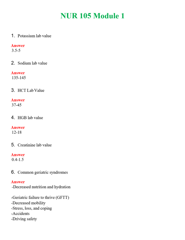 NUR 105 MODULE 1 | ACTUAL QUESTIONS AND ANSWERS 100% CORRECT