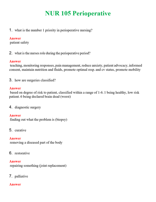 NUR 105 PERIOPERATIVE | QUESTIONS AND ANSWERS INCLUDED