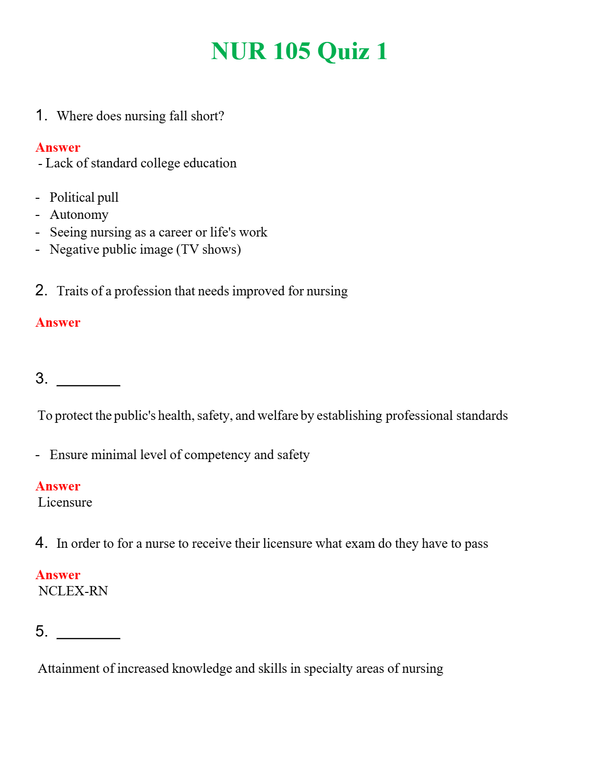 NUR 105 QUIZ 1 | COMPLETE QUESTIONS & ANSWERS (SOLVED) 100% CORRECT
