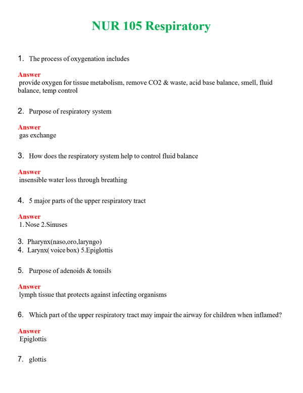 NUR 105 RESPIRATORY | COMPLETE QUESTIONS & ANSWERS (SOLVED) 100% CORRECT
