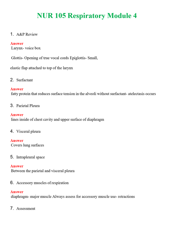 NUR 105 RESPIRATORY MODULE 4 | GRADED A+ SOLVED 100% CORRECT