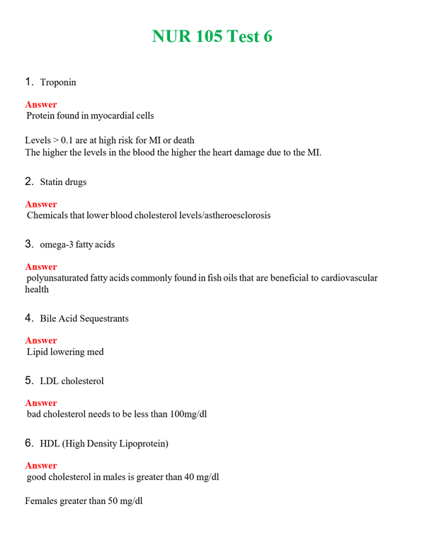 NUR 105 TEST 6 | NEW FULL QUESTIONS AND ANSWERS 100% CORRECT