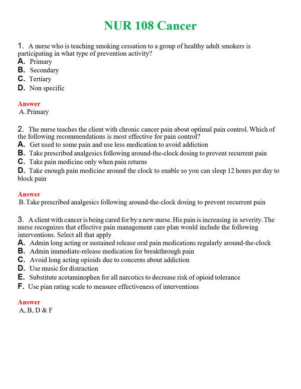 NUR 108 CANCER | (ACTUAL EXAM ) QUESTIONS AND ANSWERS (SOLVED)