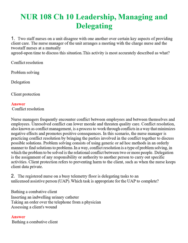 NUR 108 CH 10 LEADERSHIP, MANAGING AND DELEGATING | WITH 100% VERIFIED ANSWERS