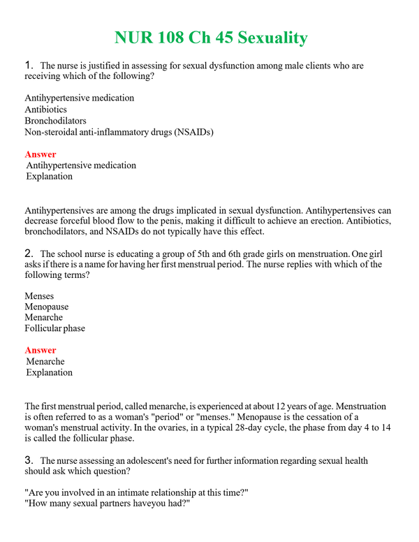 NUR 108 CH 45 SEXUALITY | QUESTIONS & ANSWERS (SOLVED)