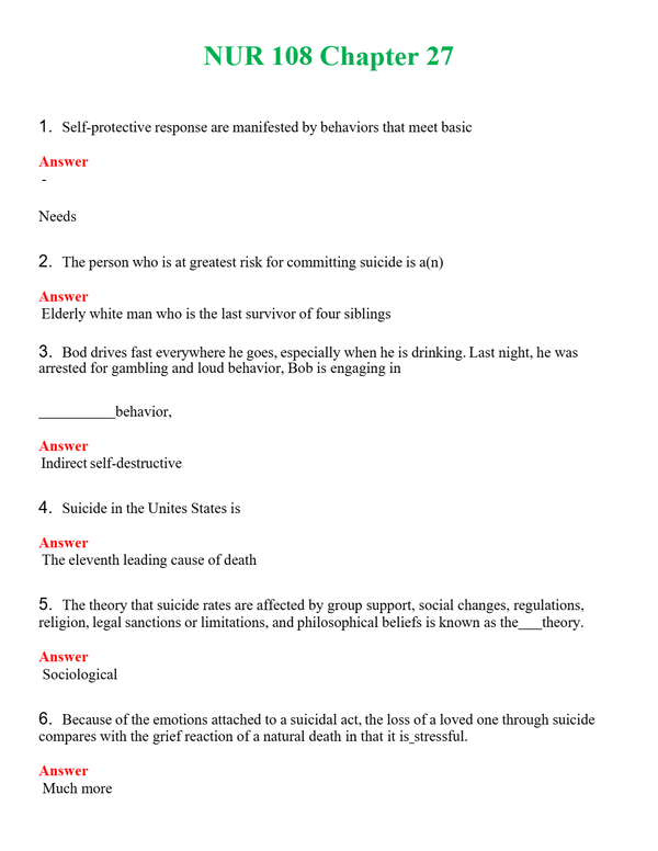 NUR 108 CHAPTER 27 | (ACTUAL EXAM ) QUESTIONS AND ANSWERS (SOLVED)