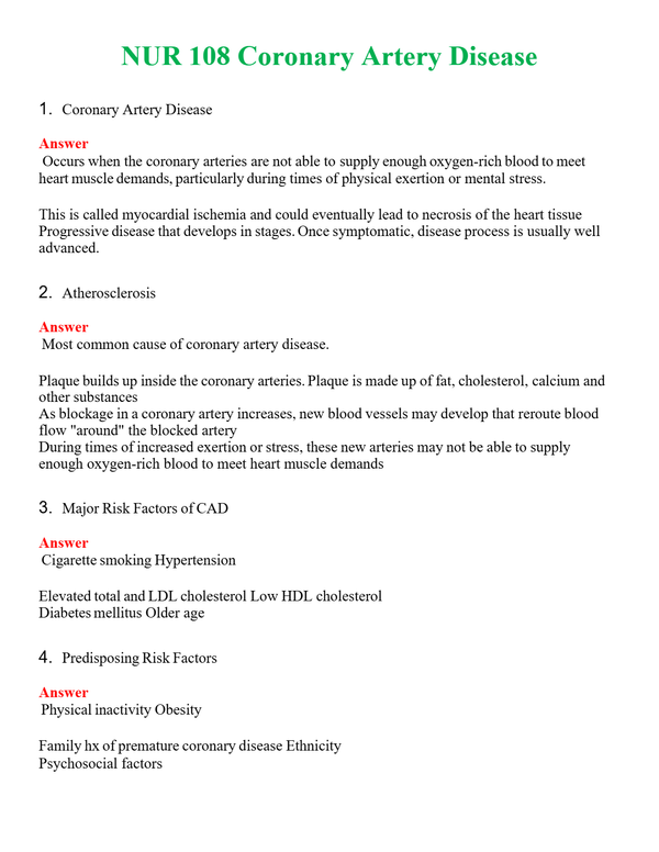 NUR 108 CORONARY ARTERY DISEASE | LATEST QUESTIONS WITH COMPLETE GRADE A++ ANSWERS