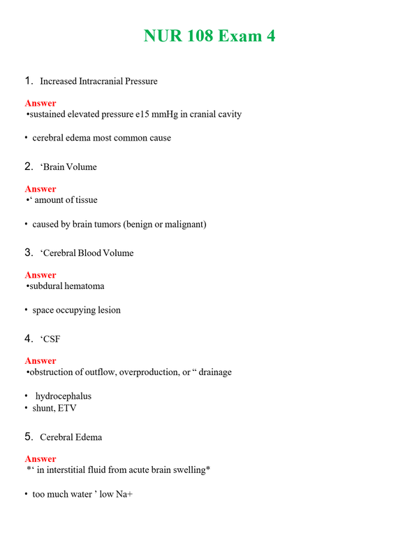 NUR 108 EXAM 4 | NEW FULL QUESTIONS AND ANSWERS 100% CORRECT