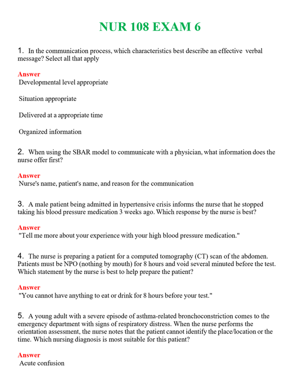 NUR 108 EXAM 6 | NEW FULL QUESTIONS AND ANSWERS 100% CORRECT