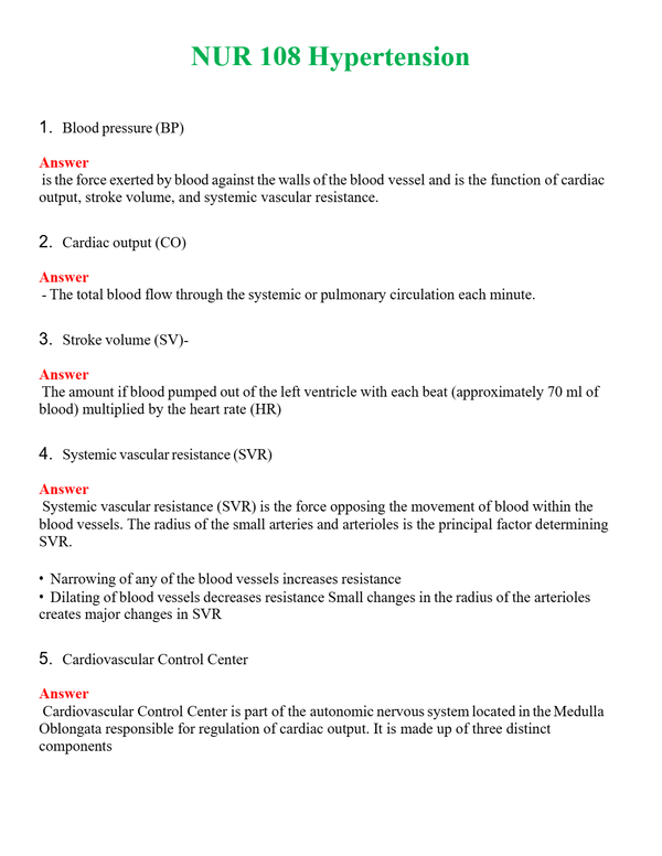 NUR 108 HYPERTENSION | QUESTIONS & ANSWERS (SOLVED)