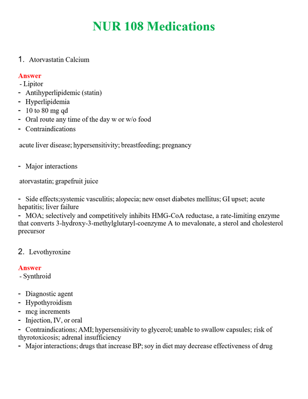 NUR 108 MEDICATIONS | LATEST QUESTIONS WITH COMPLETE GRADE A++ ANSWERS
