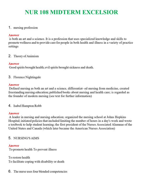 NUR 108 MIDTERM EXCELSIOR | (ACTUAL EXAM ) QUESTIONS AND ANSWERS (SOLVED)