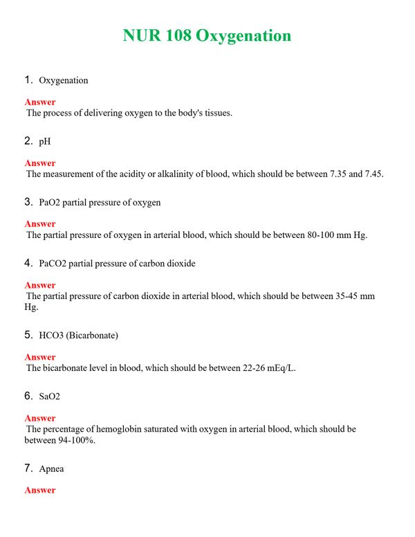 NUR 108 OXYGENATION | GRADED A+ QUESTIONS AND ANSWERS (SOLVED)
