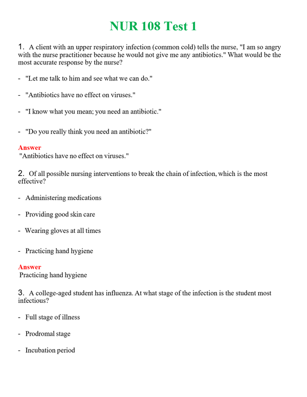 NUR 108 TEST 1 | ACTUAL QUESTIONS AND ANSWERS 100% CORRECT