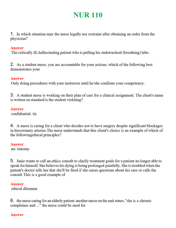 NUR 110 | ACTUAL QUESTIONS AND ANSWERS 100% CORRECT