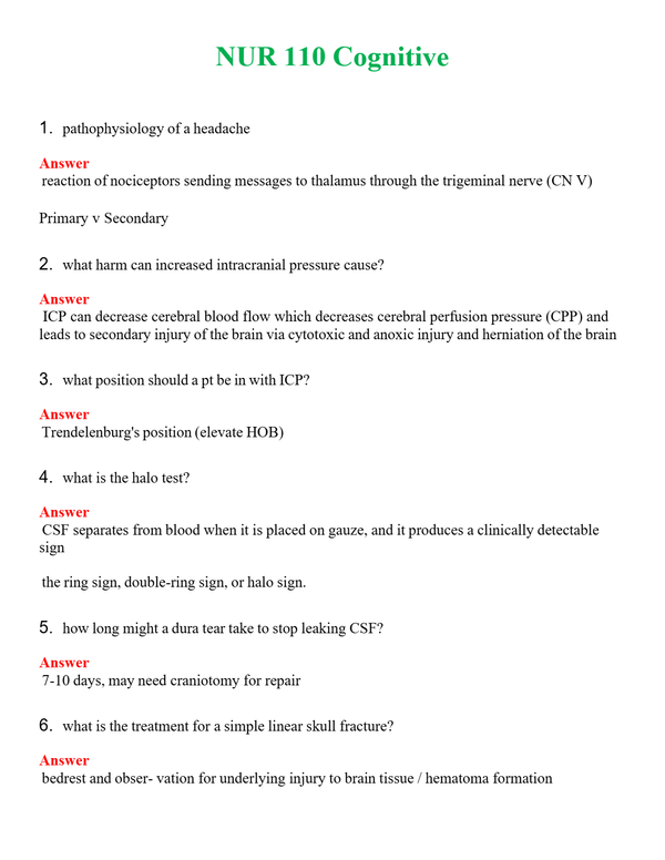 NUR 110 COGNITIVE | COMPLETE ANSWERS 100% CORRECT