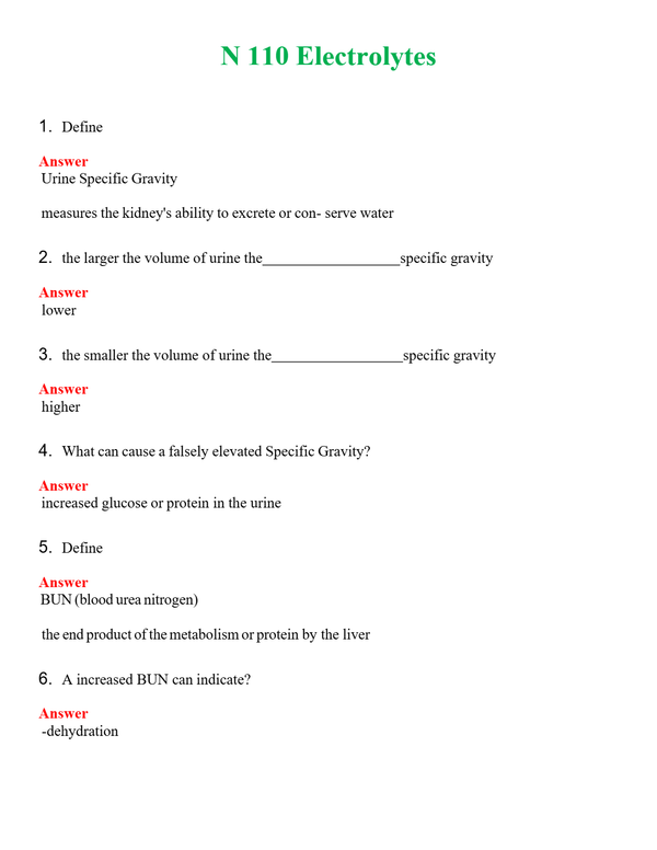 NUR 110 ELECTROLYTES | QUESTIONS AND ANSWERS INCLUDED