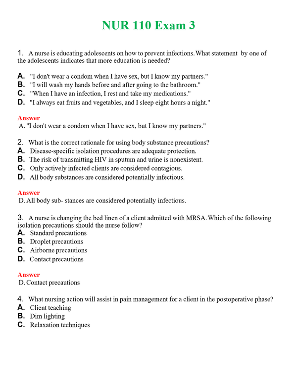 NUR 110 EXAM 3 | ACTUAL QUESTIONS AND ANSWERS 100% CORRECT