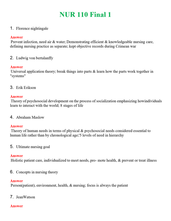 NUR 110 FINAL 1 | COMPLETE ANSWERS 100% CORRECT