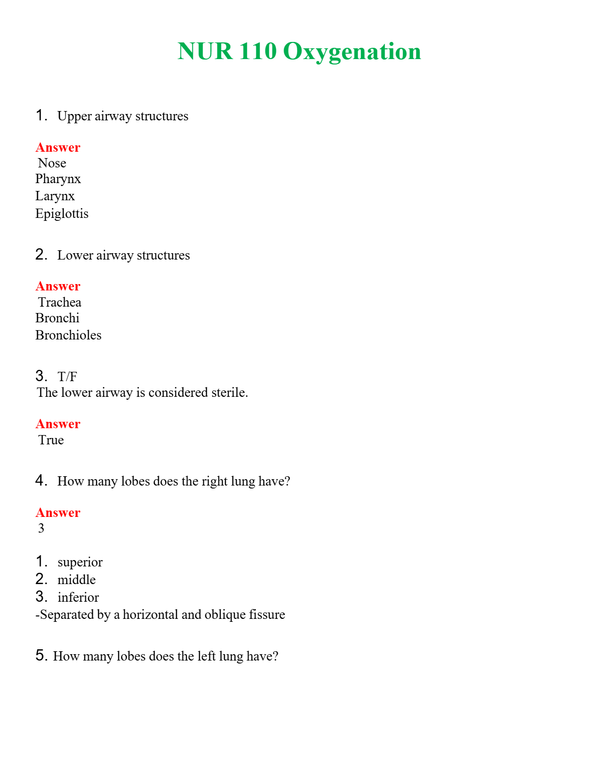 NUR 110 OXYGENATION | (ACTUAL EXAM ) QUESTIONS AND ANSWERS (SOLVED)